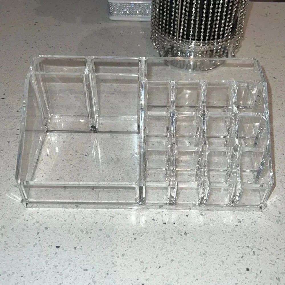 Makeup organizer acrylic clear hard cosmetic skincare organization desk tray